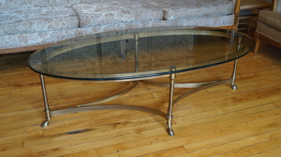 La Barge Regency Oval Glass Coffee Table w Brass Sheepsfoot Base