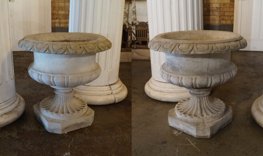 Large Cast Concrete Urn w Egg and Dart Rim PAIR