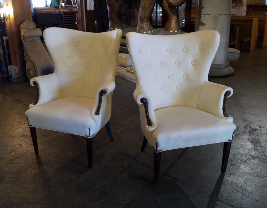 White Textured Vinyl Button Back Wingback Armchair PAIR