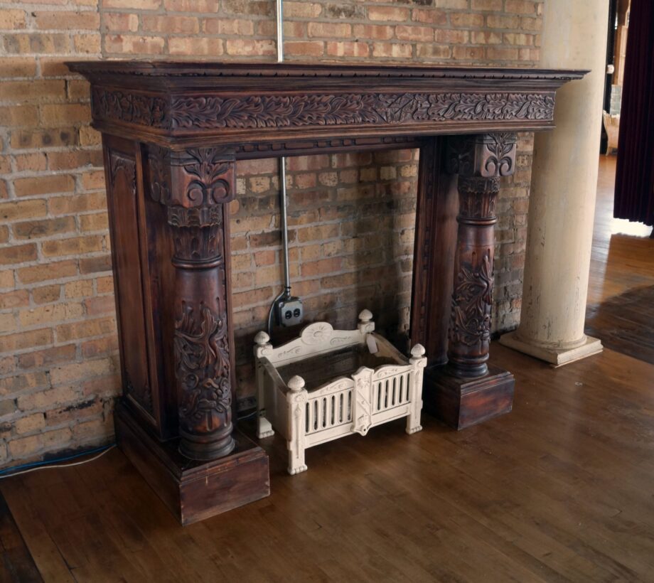 Oversized Heavily Carved Wood Mantel w Columns