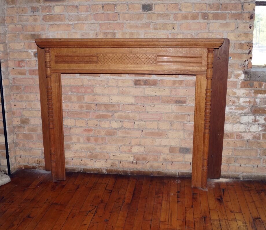 Wood Mantel w Grid Panel Header and Turned Leg Corners