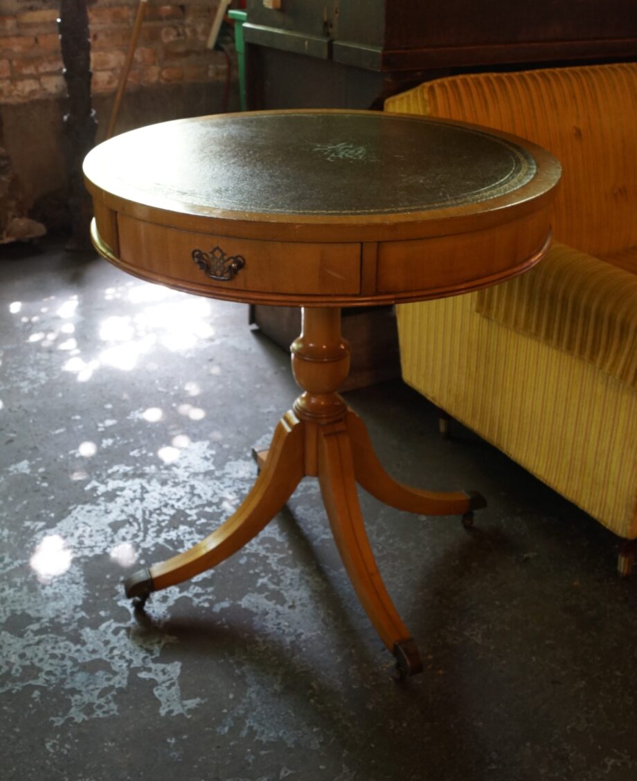 Leather Top Blonde Pedestal Table w Drawer