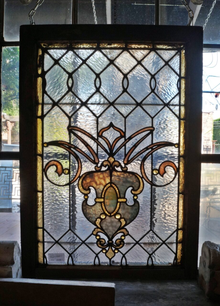 Antique Yellow and Blue Stained Glass w Jewels and Shield