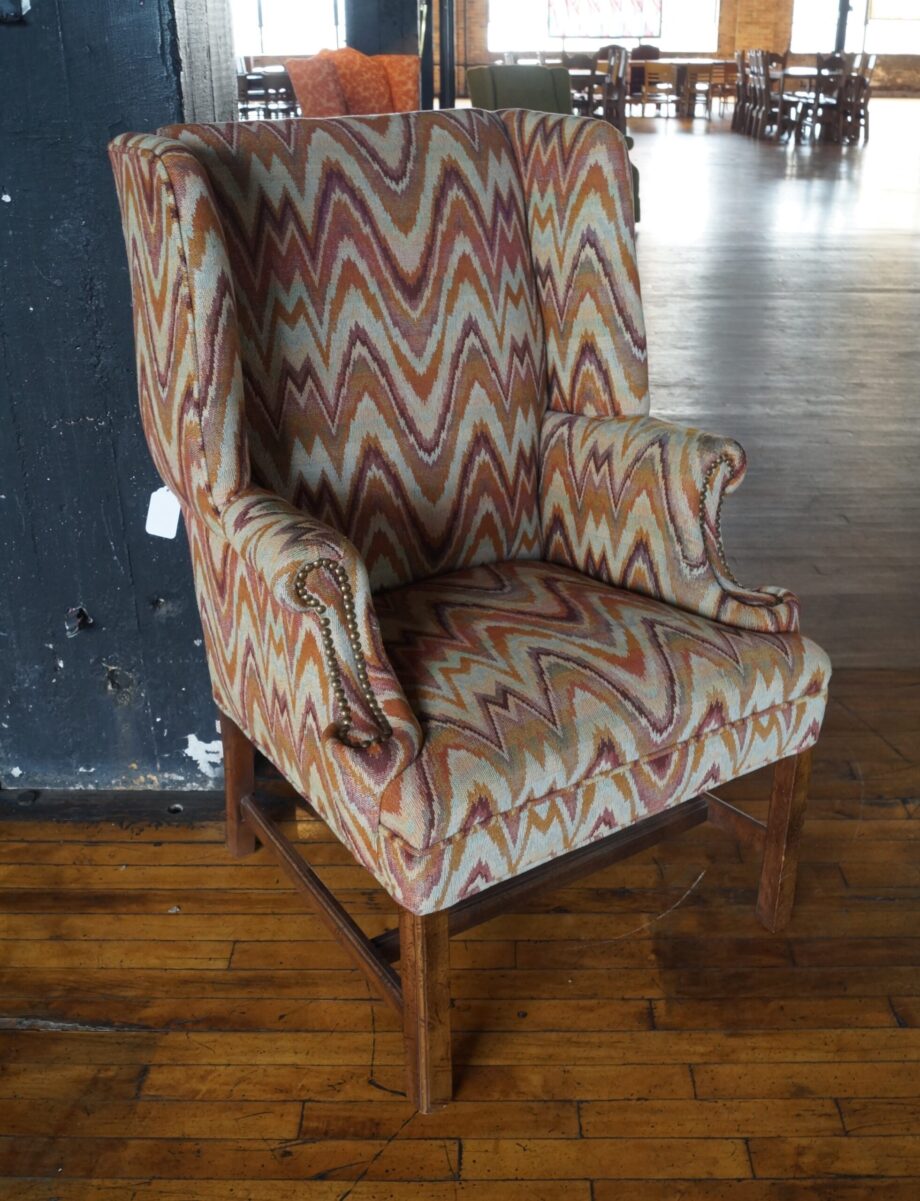 Brown and Tan Zig Zag Wingback Chair w Nailhead Trim