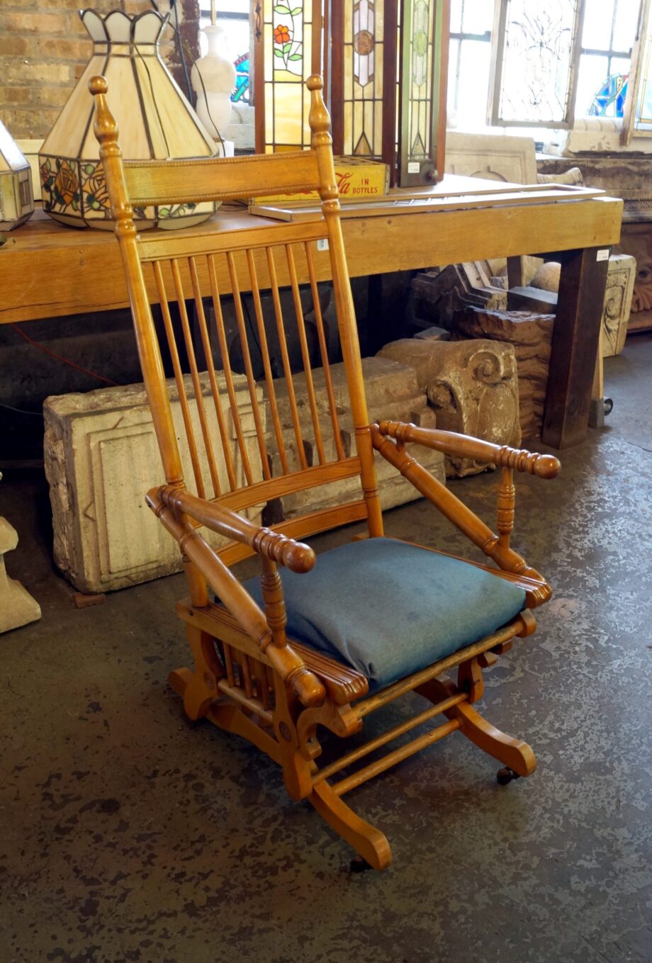 Antique Platform Rocking Chair w Blue Seat