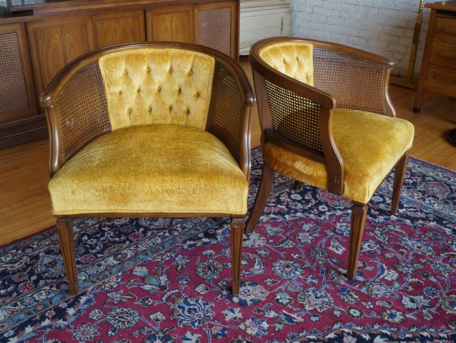 Yellow Velveteen Cane Side Club Chair PAIR