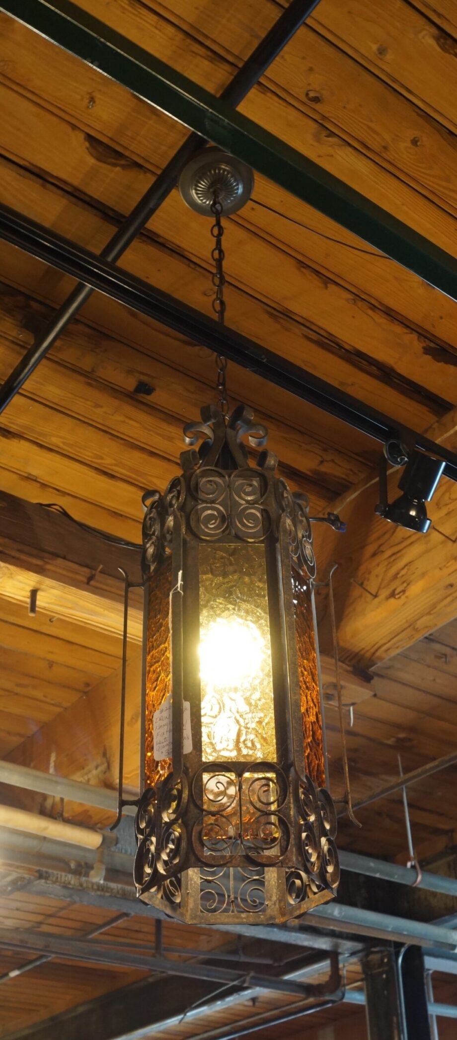 Iron and Amber Glass Hanging Light