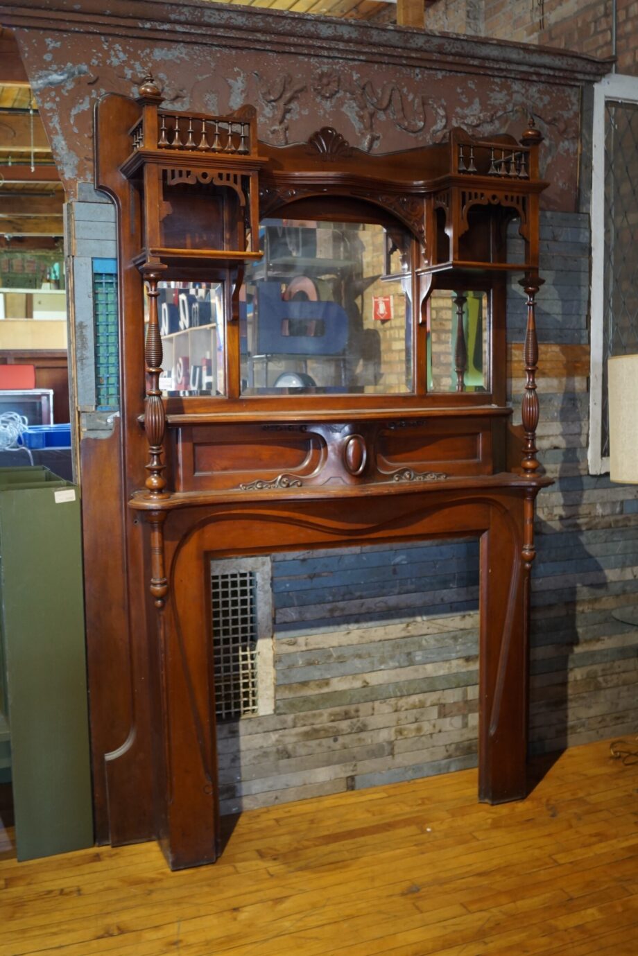 Antique Nouveau Full Mantel w Fretwork and Spindles