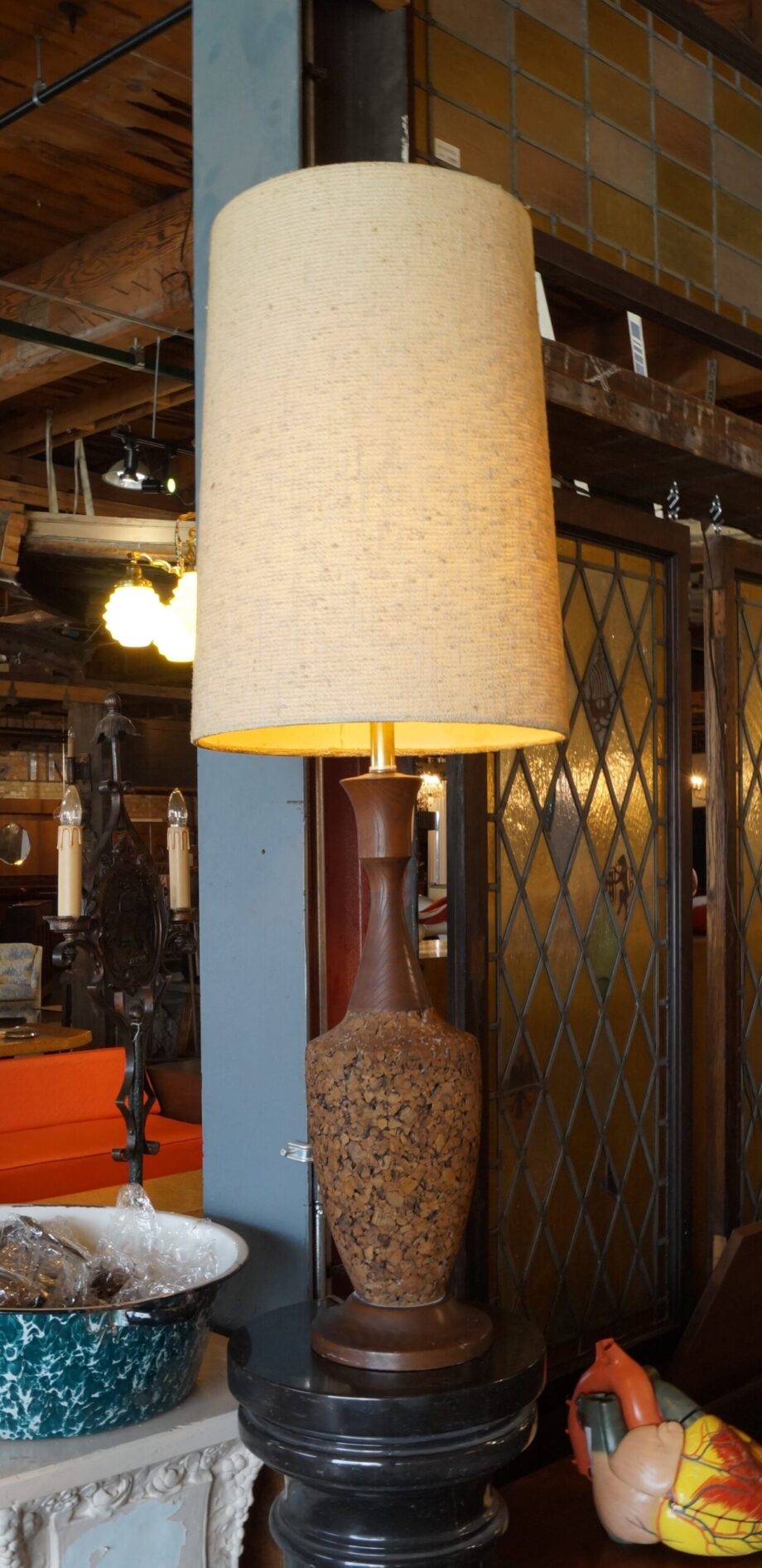 MCM Cork Table Lamp w Woven Drum Shade