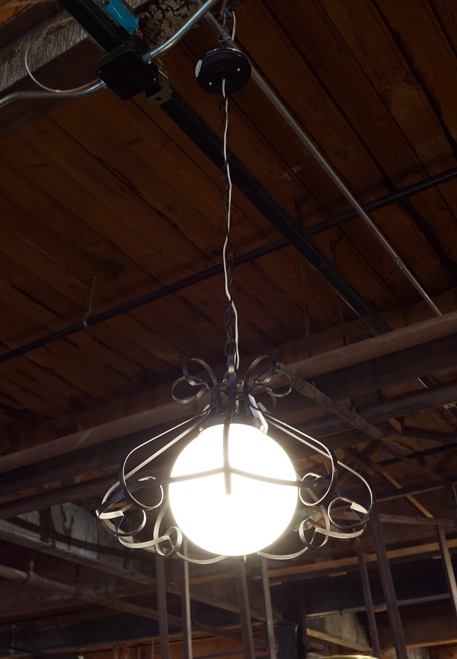 Iron Scroll Hanging Light w Milk Glass Globe