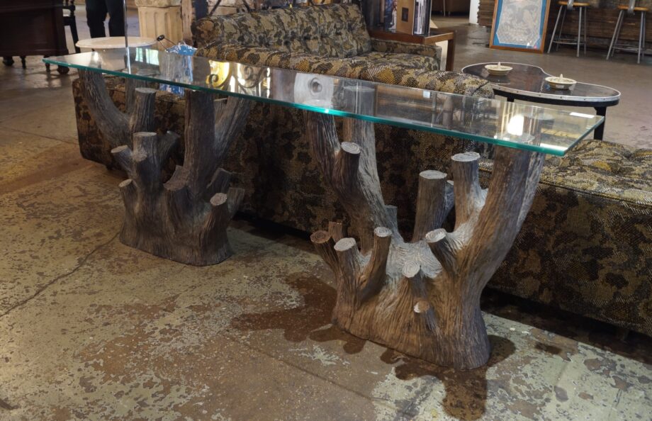 Fiberglass Stump Base Console Table w Glass Top