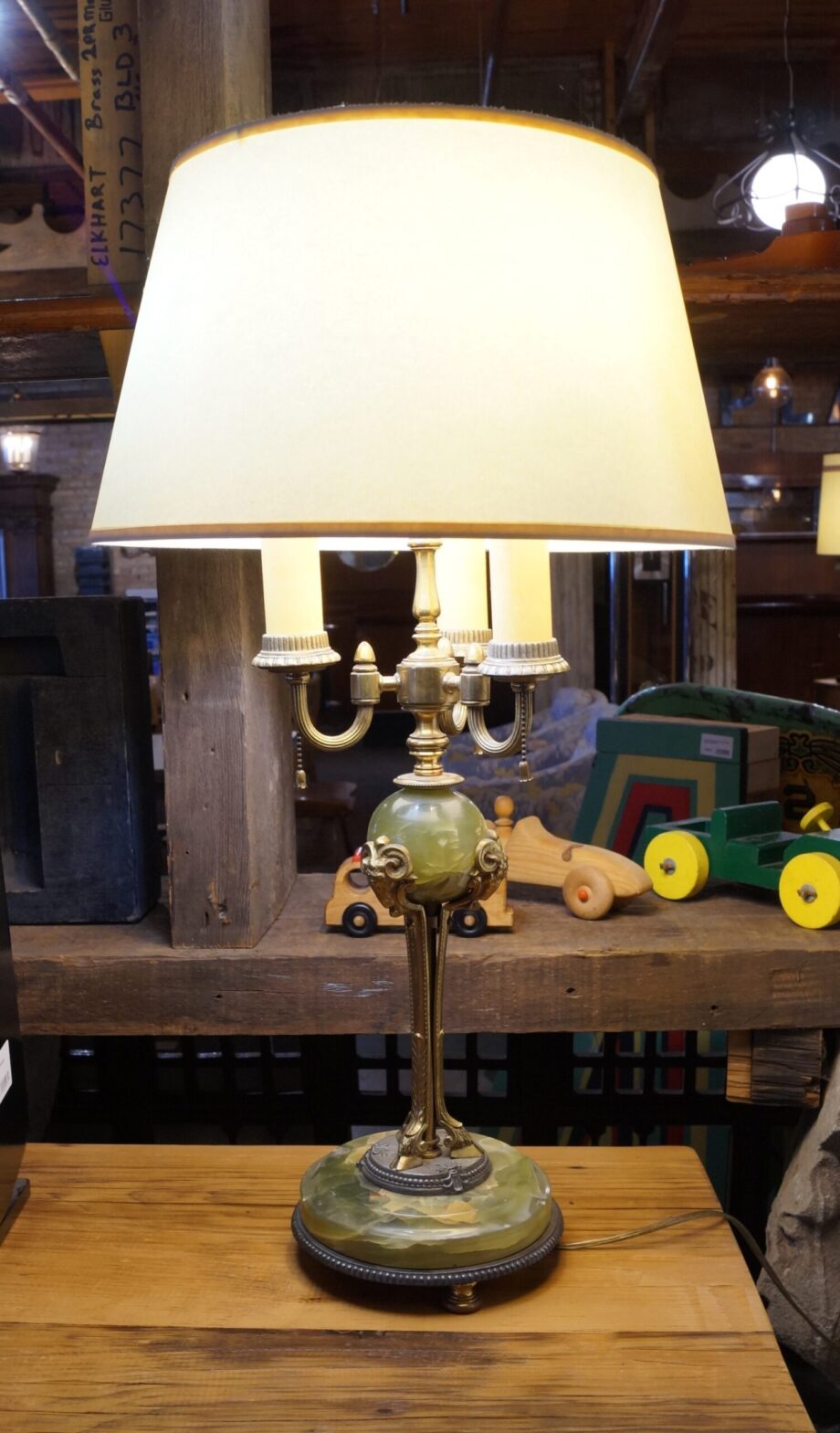 Table Lamp w Green Agate Base and 3 Ram Heads