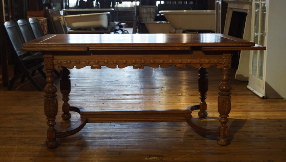 Antique Dining Table w Ornate Carved Base and Built In Leaves