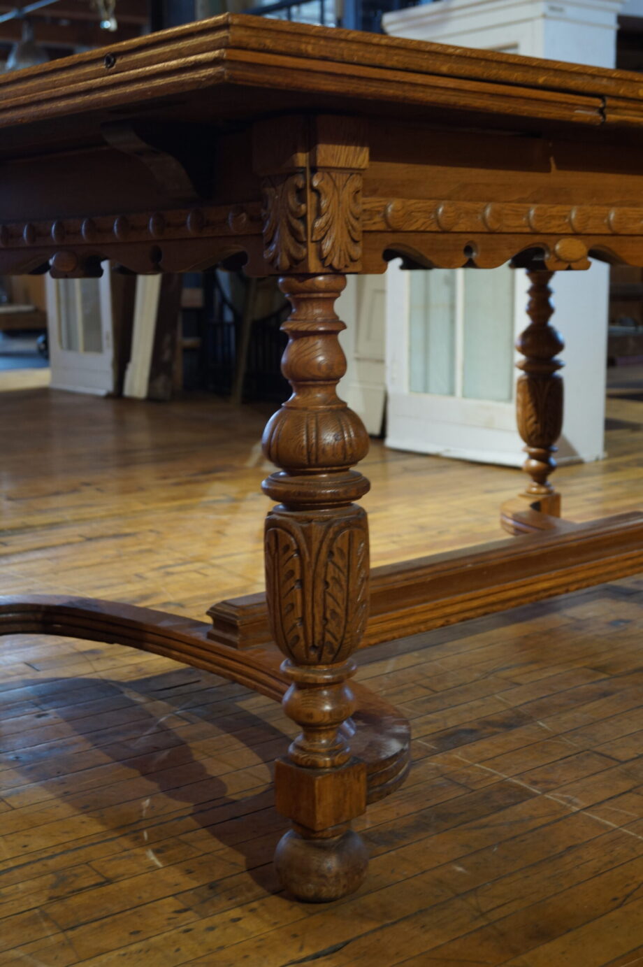 Antique Dining Table w Ornate Carved Base and Built In Leaves