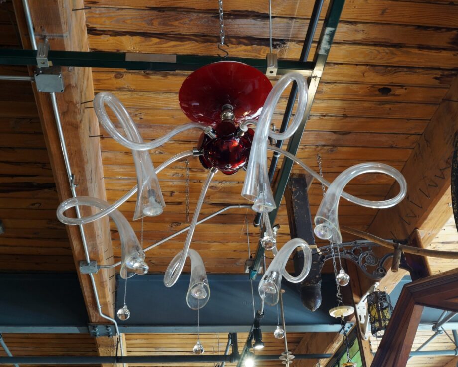 Custom Red and Clear Glass Six Armed Hanging Light