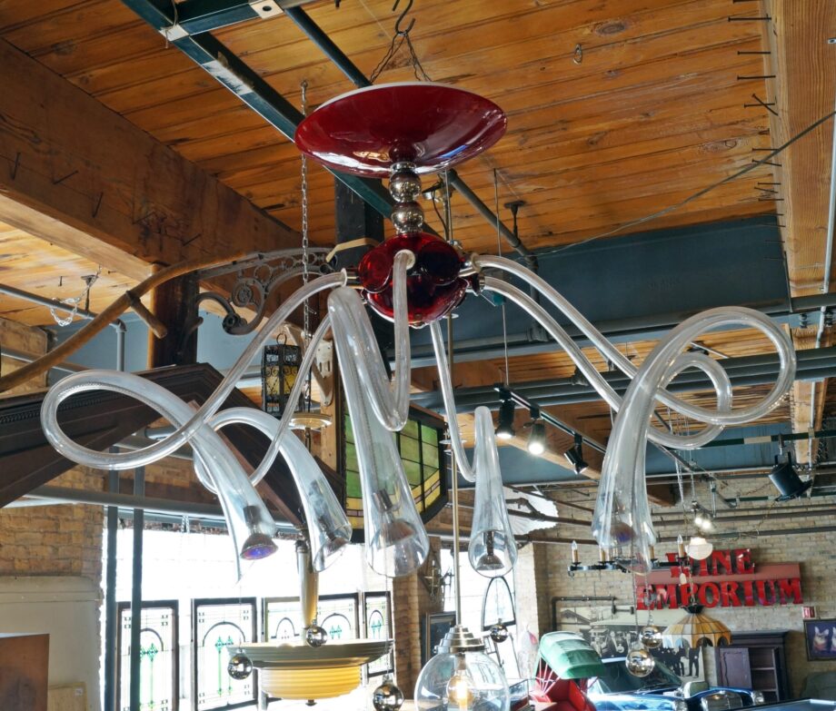 Custom Red and Clear Glass Six Armed Hanging Light