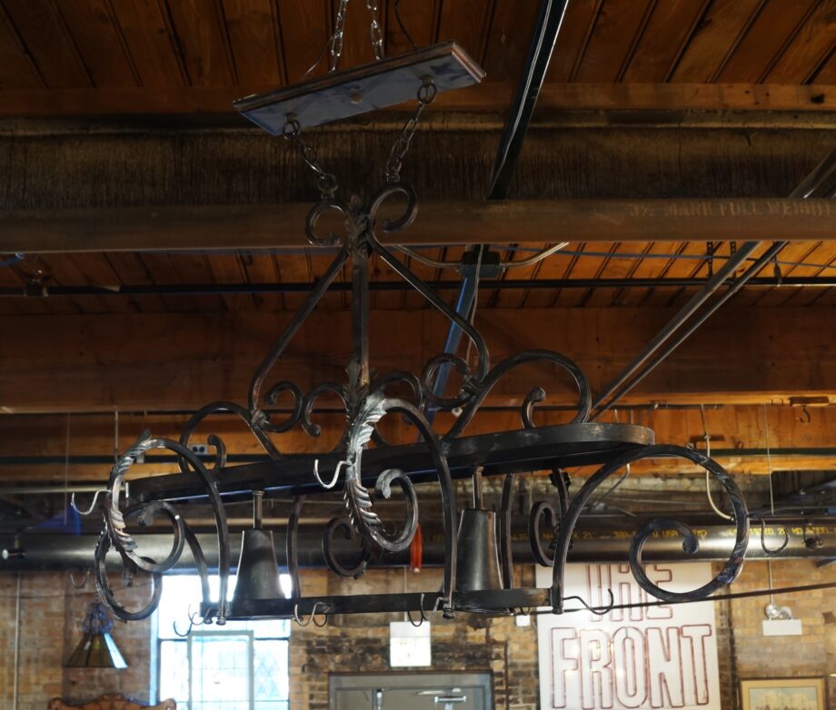 Wrought Iron Hanging Light w Hooks and Decorative Leaves