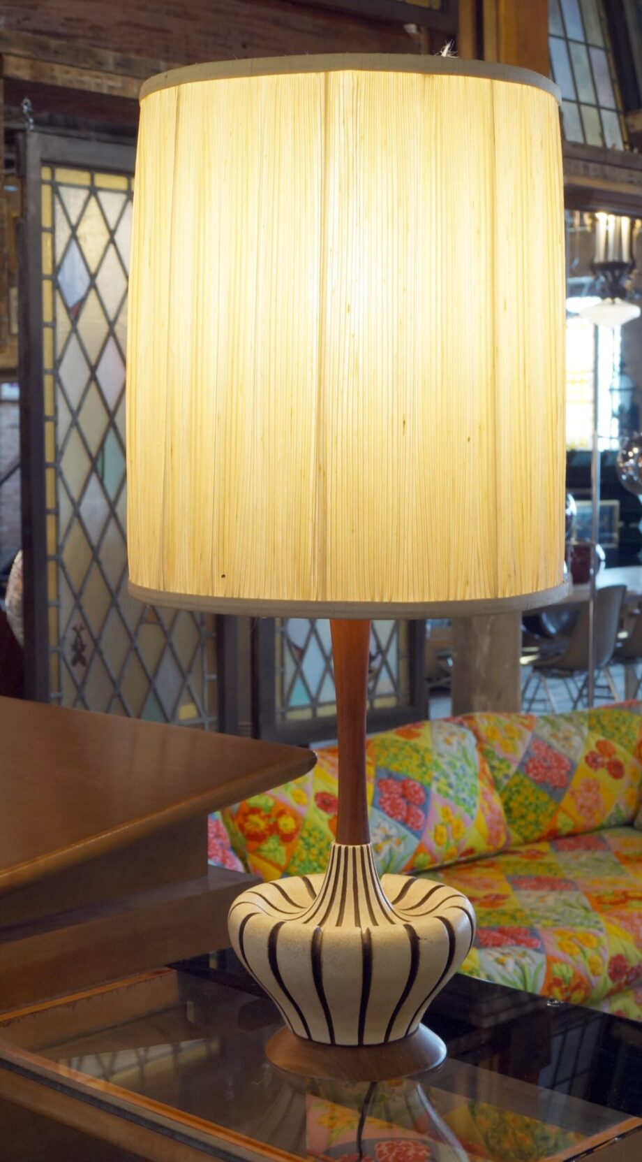 Striped Ceramic Base Teak Table Lamp