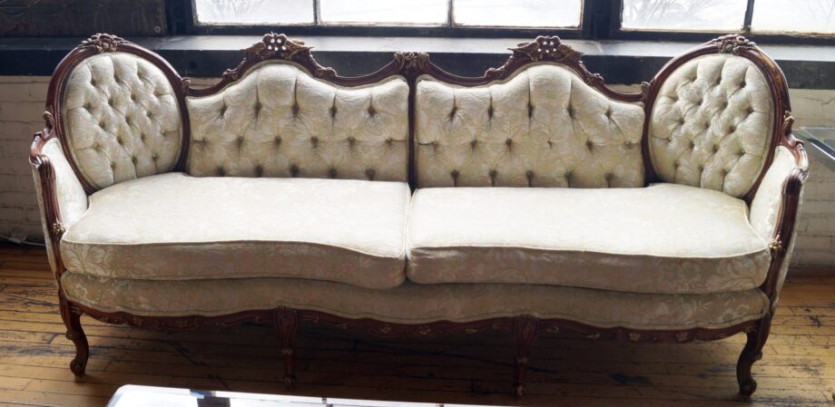 French Provincial Sofa w Ornate Bird Carvings