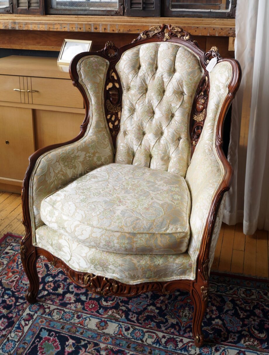 French Provincial Armchair w Ornate Face Carvings