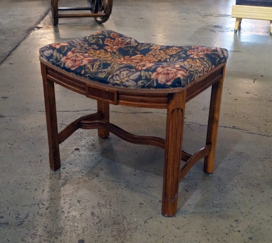 Walnut Bench w Blue Floral Fabric