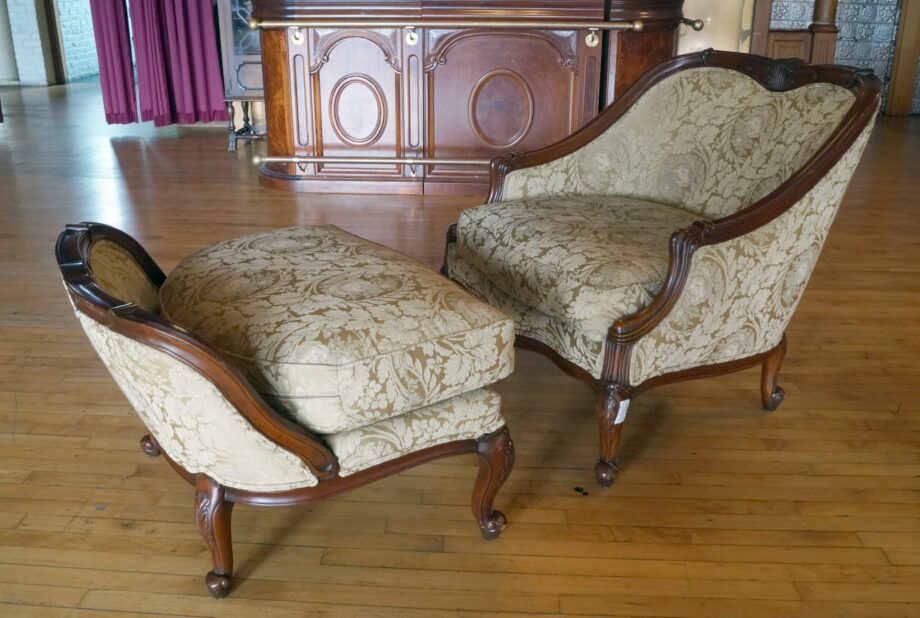 Wood Framed Chair w Floral Pattern and Ottoman