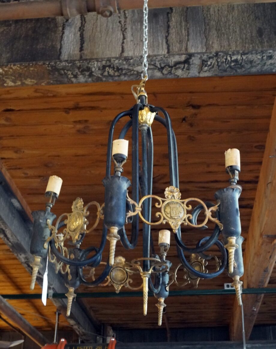 6 Light Iron Chandelier w Medieval Crests