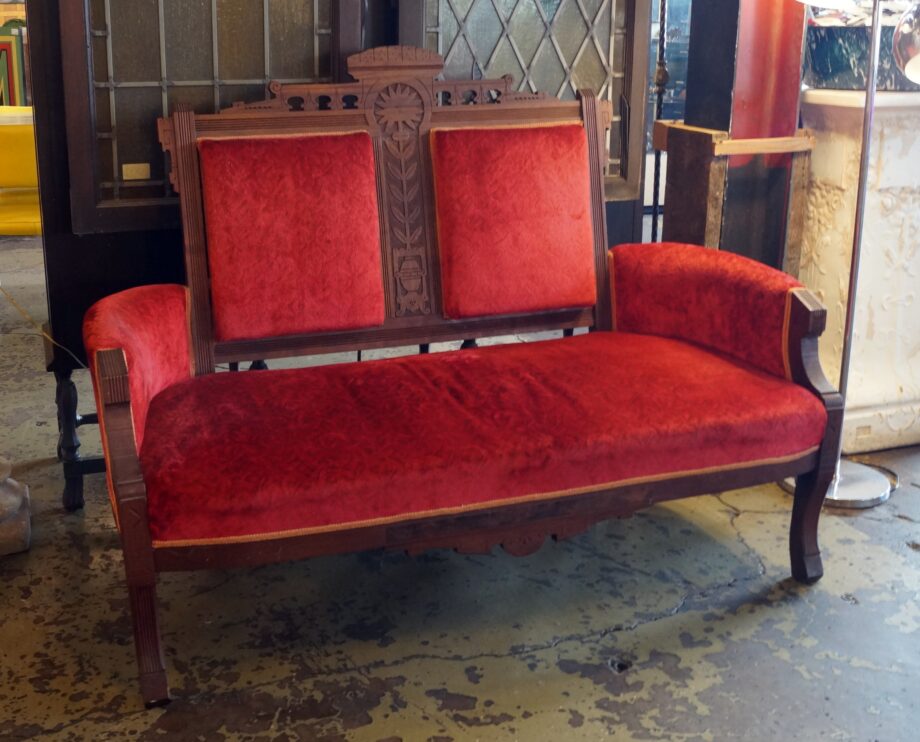 Red Velvet Loveseat w Carved Accents