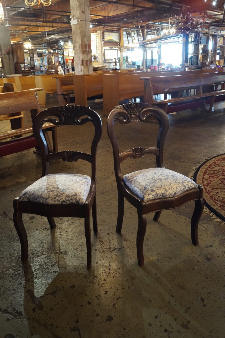 Small Blue and White Wood Chairs w Floral Carvings PAIR