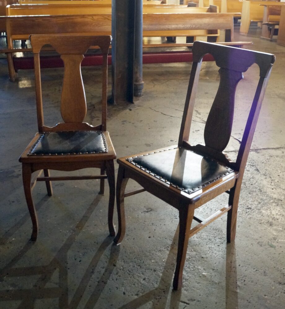 PAIR Wood Chair w Leather Seats and Rivets