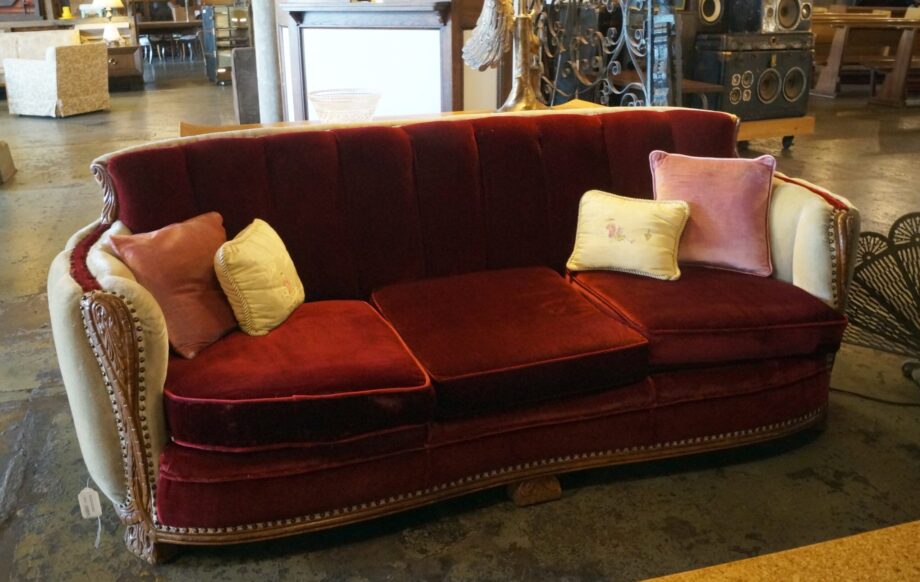 Red and White  Shell Couch w Carved Wood Accents