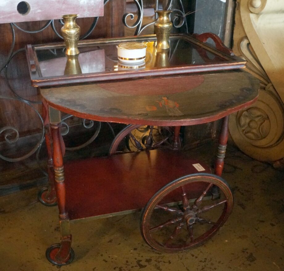 Asian Inspired Wood Bar Cart w Wheels