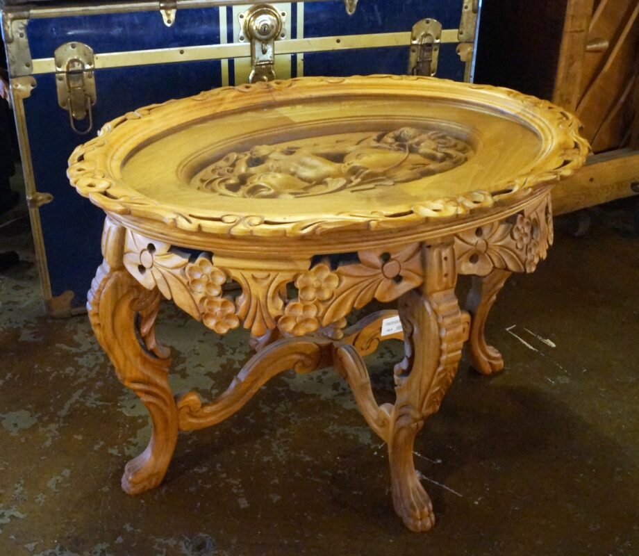 Ornate Carved Oval Wood Side Table w Glass Top