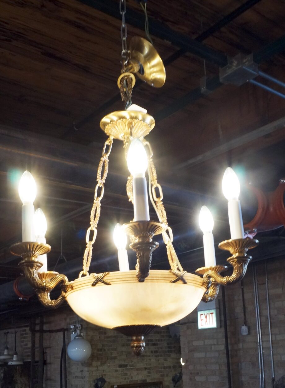 Ornate Brass 6 Armed Hanging Light w Frosted Dome