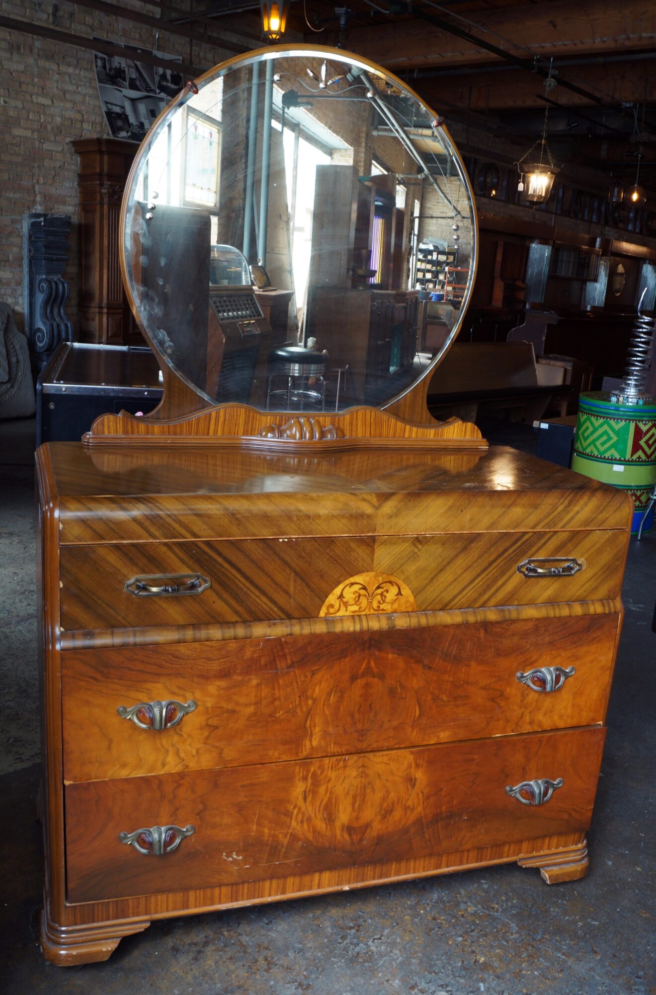 Waterfall Dresser w Large Circle Mirror Salvage One Waterfall Dresser w Large Circle Mirror Salvage One
