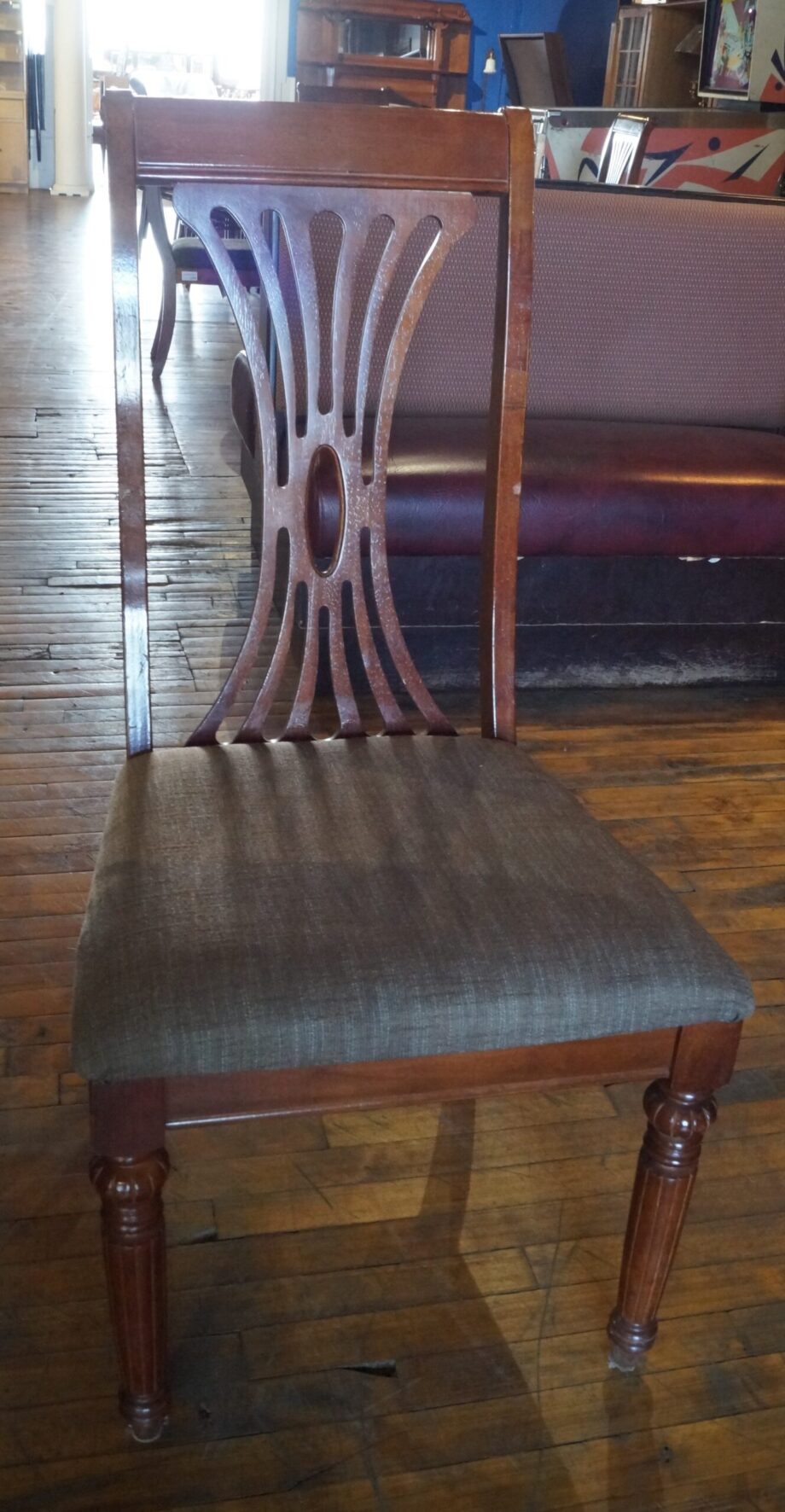 Grey Upholstered Wood Dining Chair w Oval Cut Out Back