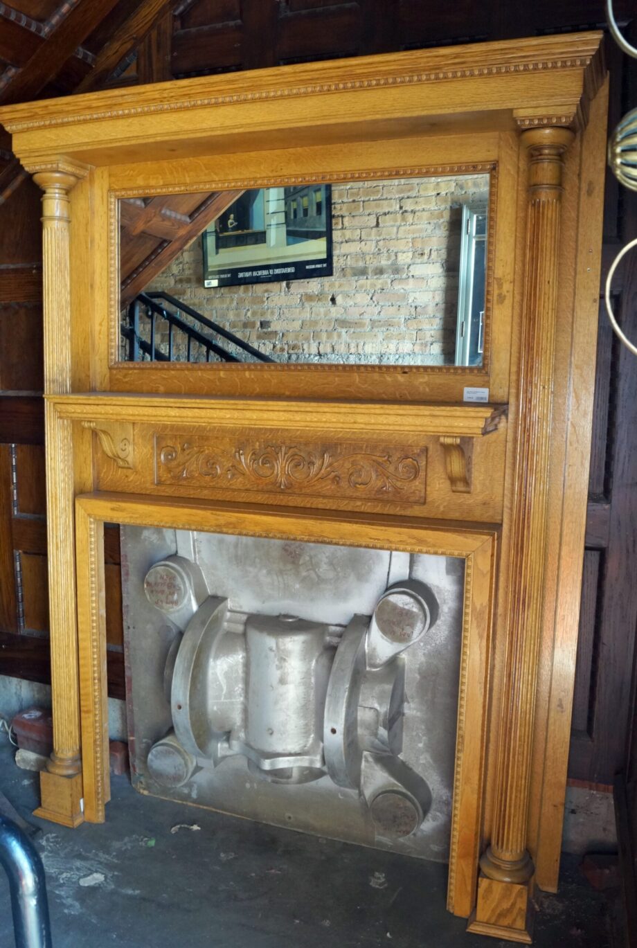 Light Wood Full Mantel w Carved Foliage and Mirror