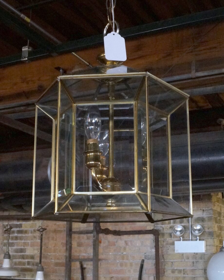 Brass 3 Light Hexagonal Hanging Light w Beveled Glass