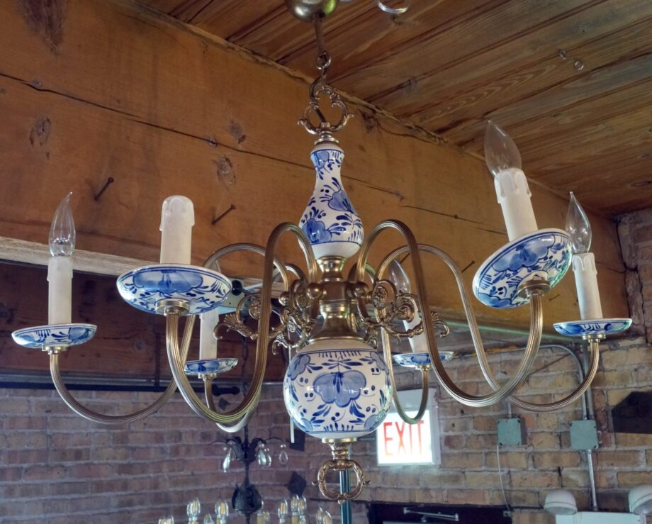 6 Light Brass and Porcelain w Blue Flowers