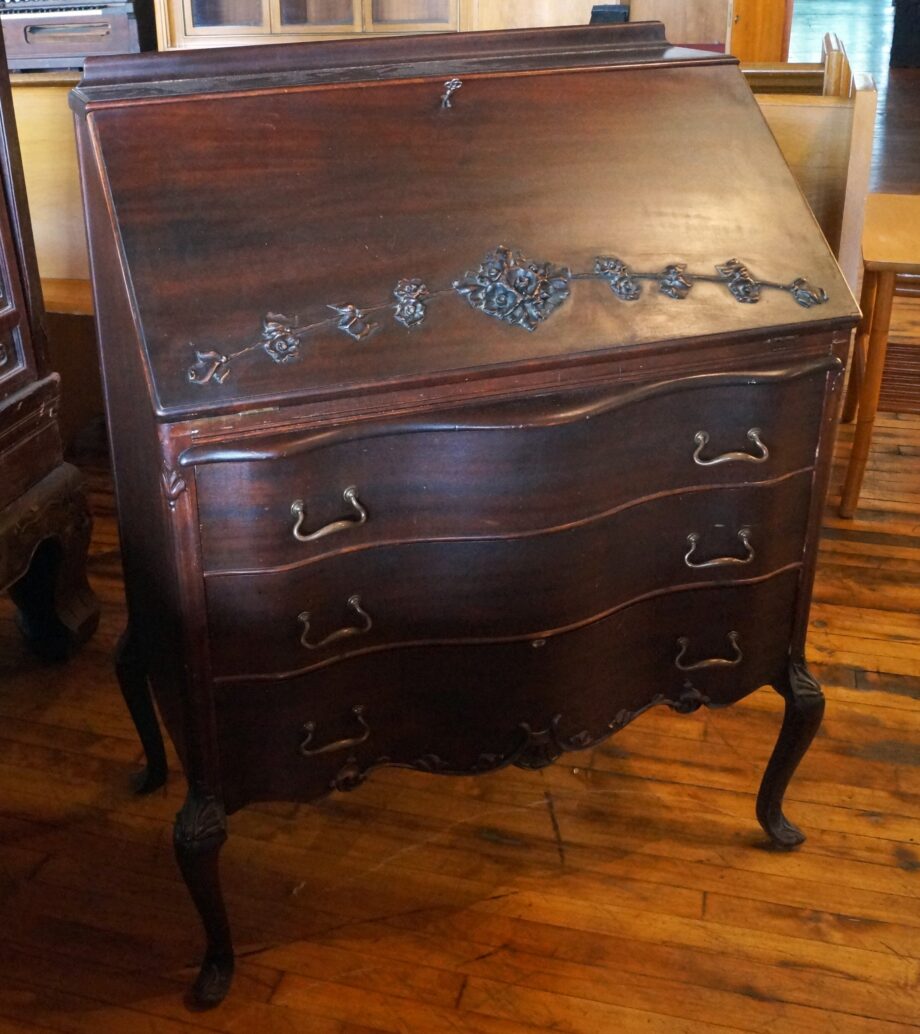 Dark Wood Secretary desk w Carved Flower