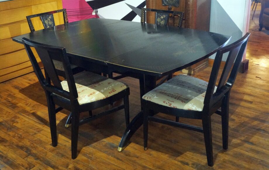 Black Dining Table w Bamboo Painting and 4 Cane Chairs