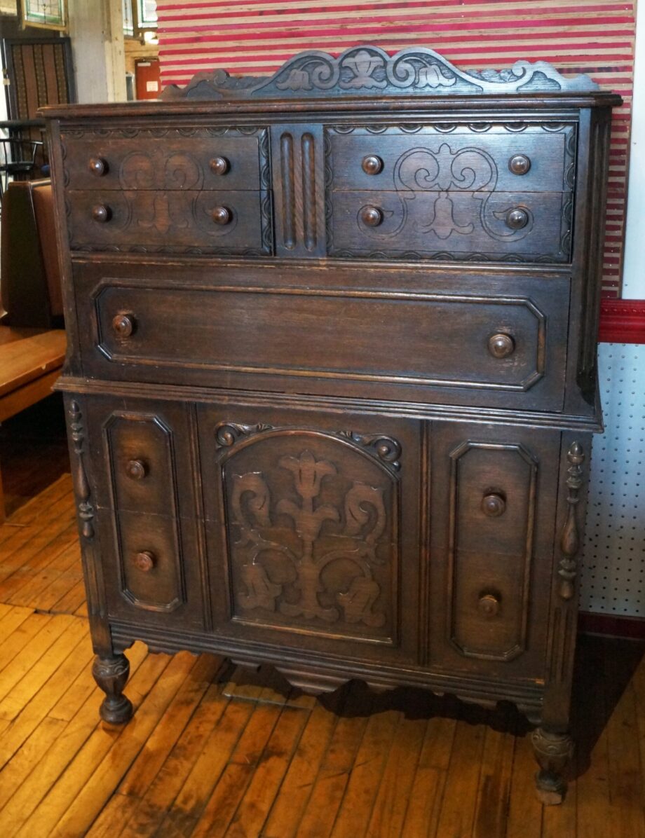 Tall Dark Wood 7 Drawer Dresser w Floral Carvings