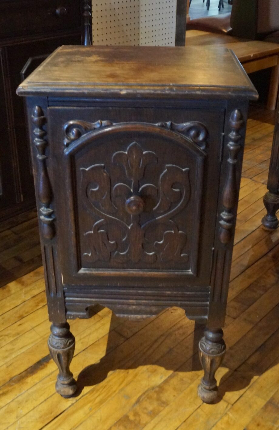 Dark Wood Nightstand w Floral Carving