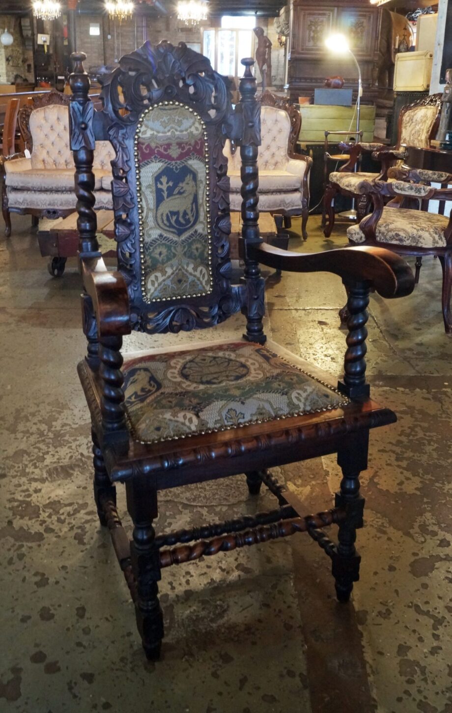 Ornate Carved Wood Chair w Lion of St Mark Upholstery