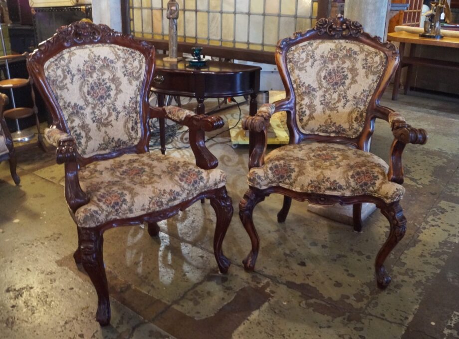 Carved Wooden Chairs w Arms and Floral Upholstery PAIR