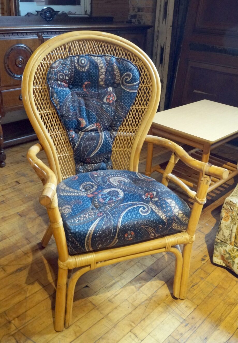 Rattan High Cane Back Chair w Paisley Cushions