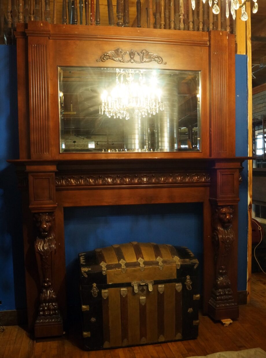 Large Mantel w Carved Lion Columns and Mirror