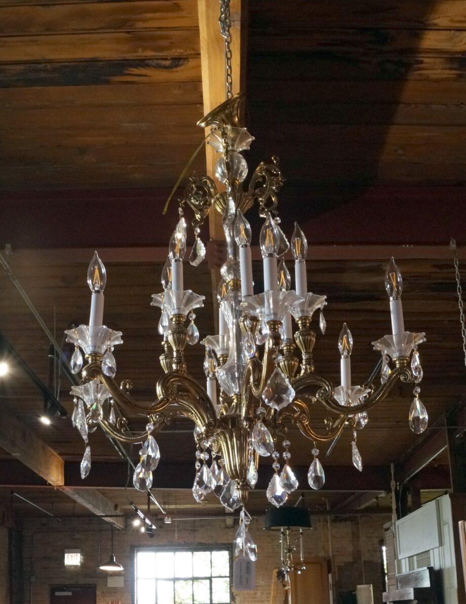 12 Light Brass and Glass Chandelier w Prisms