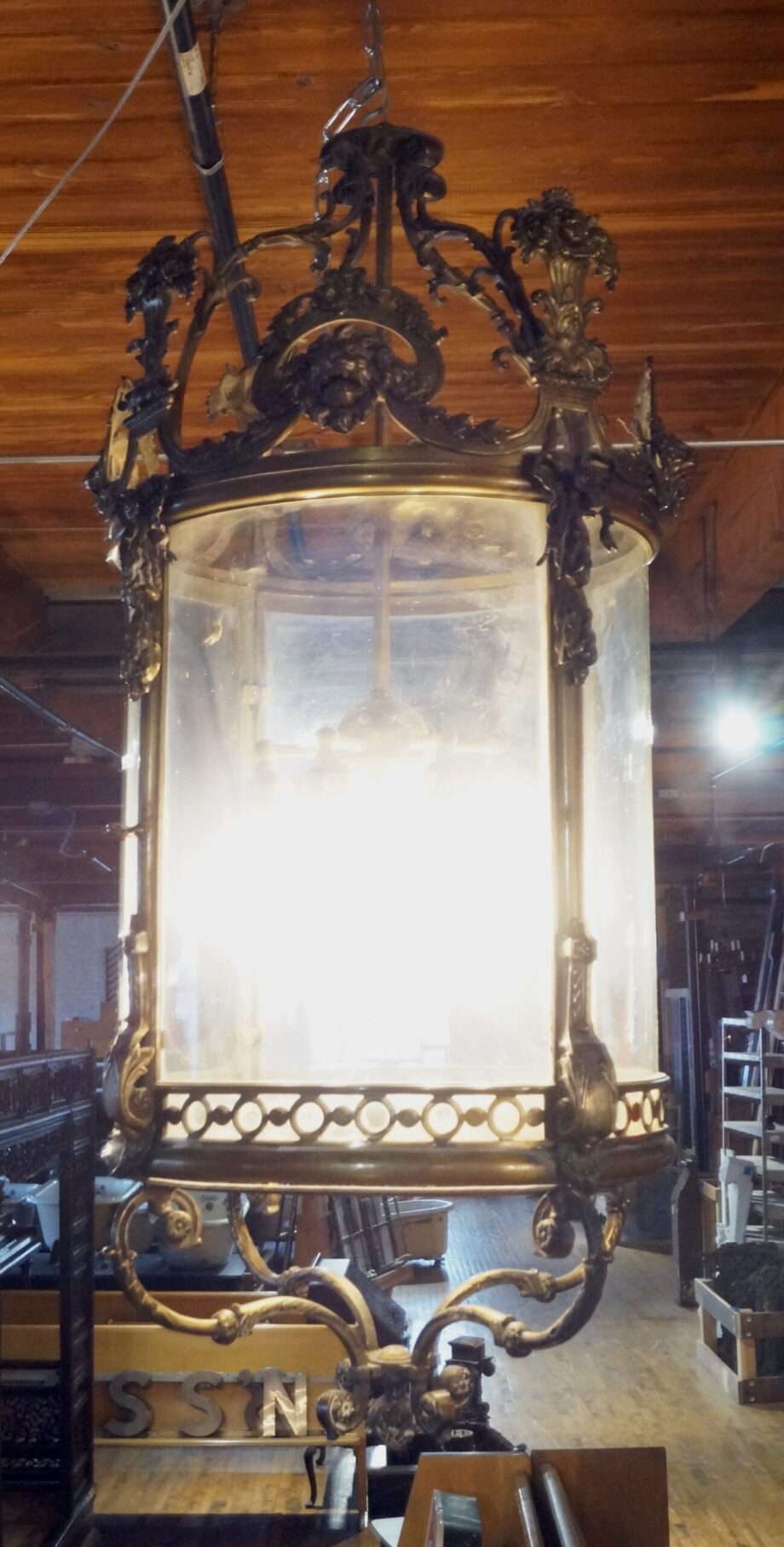 Brass and Glass Hanging Lantern w Lion Heads