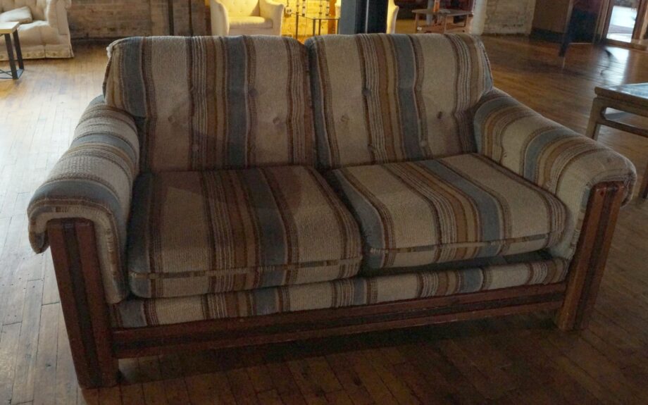 Brown and Tan Striped Loveseat with Wood Trim